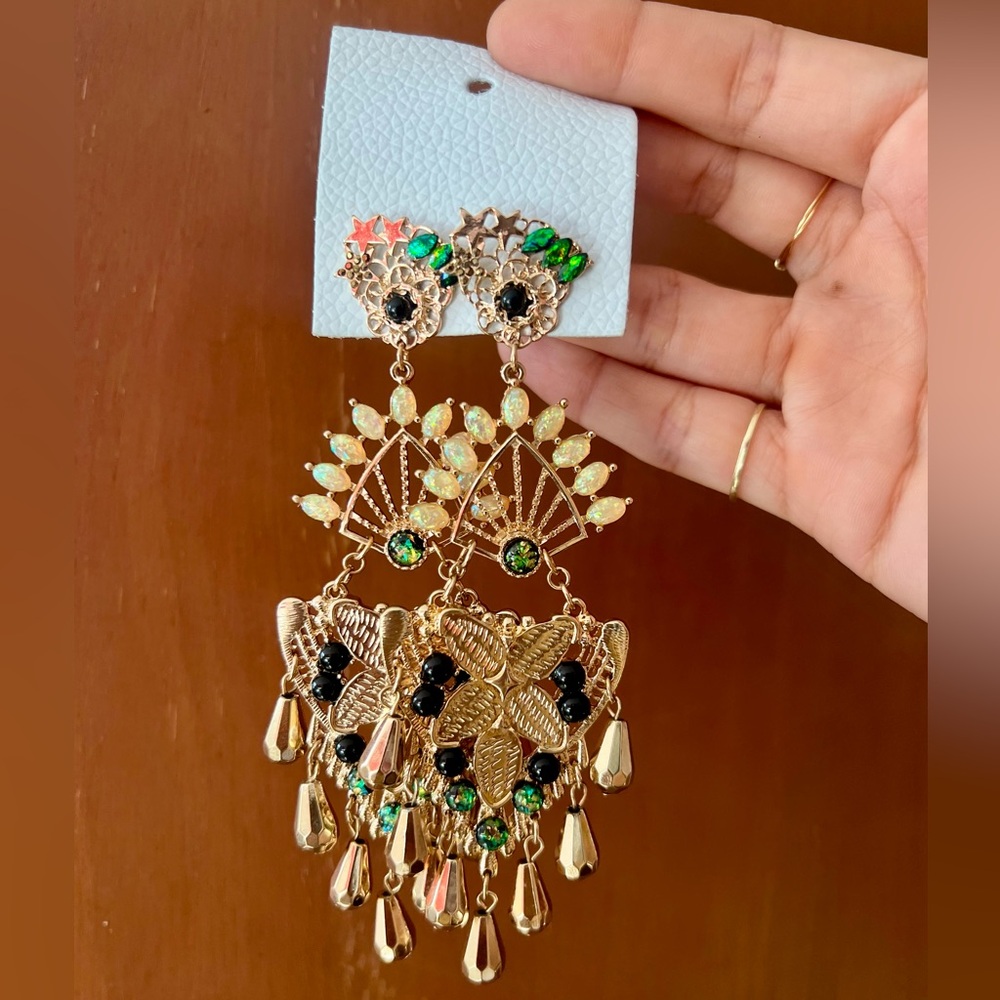Free People Gold and Green Chandelier Earrings